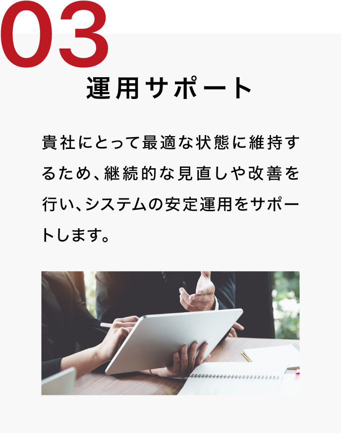 3.運用サポート:最適な状態維持のため、継続的な見直しや改善を行います