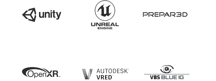XR-Unity、Unreal Engine、PREPAR3D、OpenXR、Autodesk VRED、VBS Blue IGロゴ

