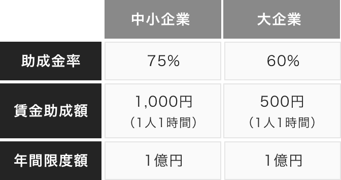 助成率・助成限度額、大手企業と中小企業の比較表