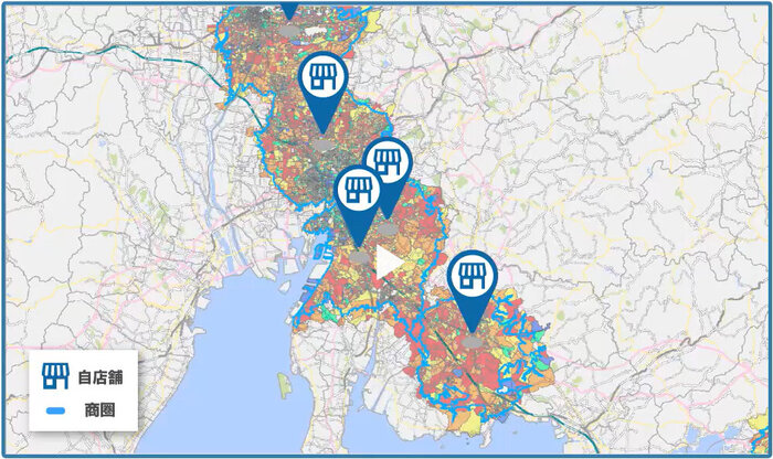 地図上に既存の自店舗の位置をプロットし、各店舗の商圏や会員数、売り上げを表示したエリアスコアリングの表示例