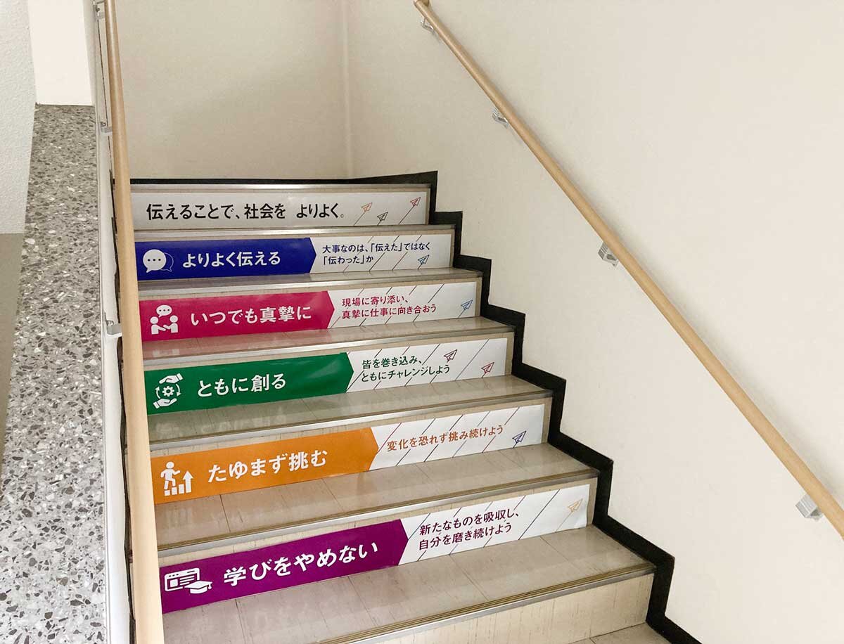 ビル内の階段の、段差の部分に横長のポスターが6段分、6枚貼られている。一番上の段には「伝えることで、社会をよりよく。」の企業メッセージがあり、その下に行動指針を示した5枚のポスターが続く