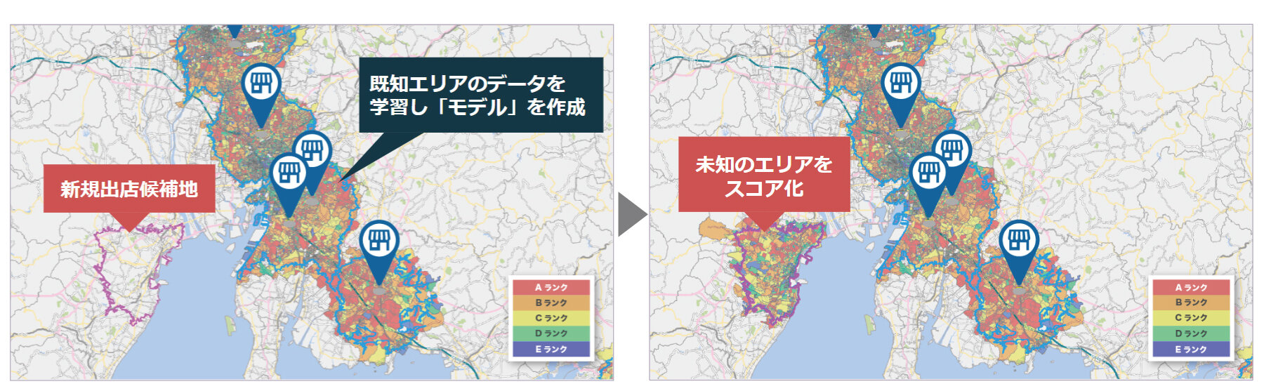 未知のエリアをスコア化しているマップの表示例