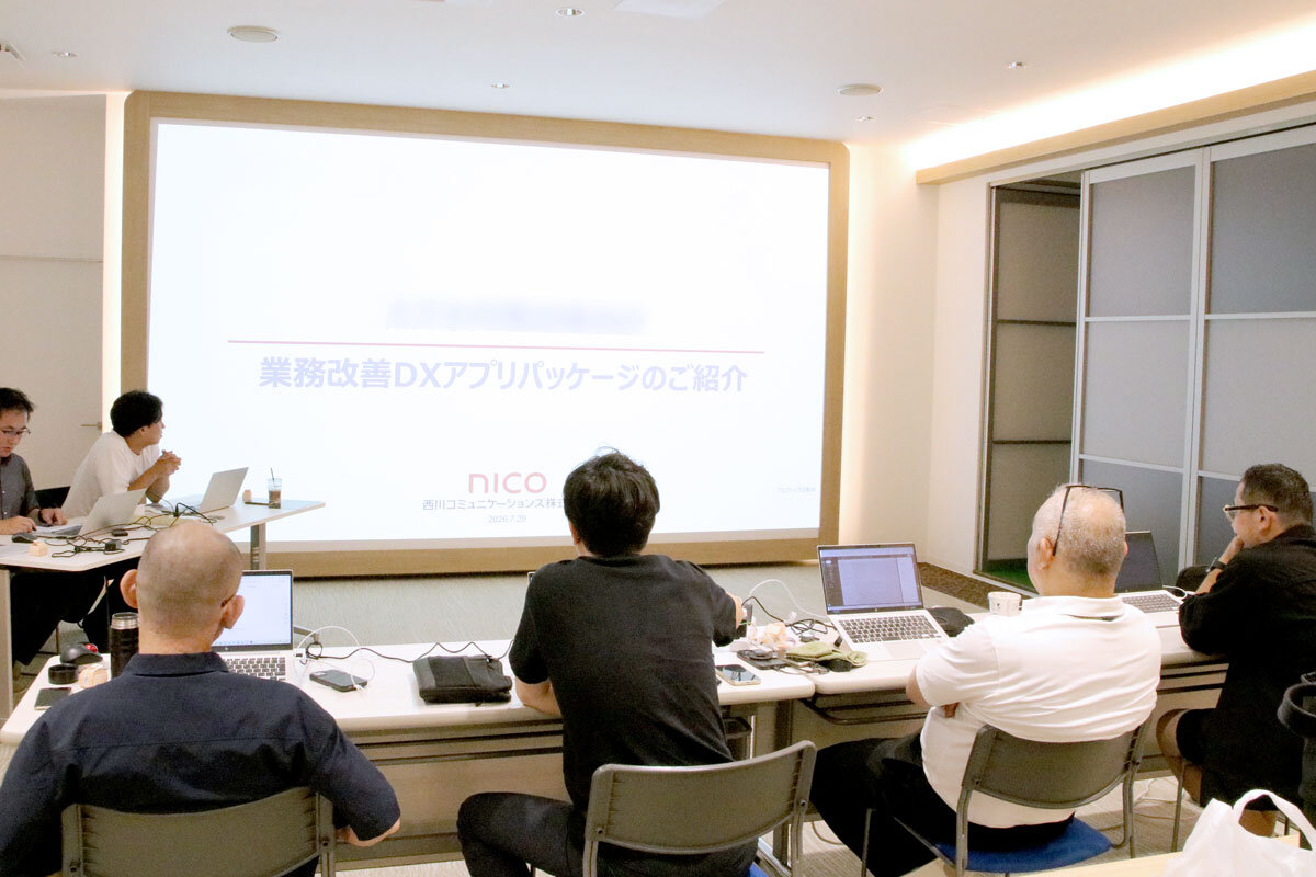 大きなスクリーンを前にして6人のNICO従業員が話し合っている様子